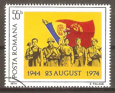 Briefmarke Rumänien Mi.Nr. 3222 o 30. Jahrestag des Sturzes der faschistischen Regierung 1974 / Vertreter verschiedener Berufe vor Staatsflagge #