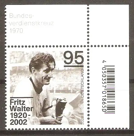 Briefmarke BRD Mi.Nr. 3568 ** BOGENECKE o.r. 100. Geburtstag von Fritz Walter 2020 / Fussballspieler #