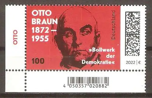 Briefmarke BRD Mi.Nr. 3660 ** BOGENECKE u.l. 150. Geburtstag von Otto Braun 2022 / Deutscher Sozialdemokrat und Politiker #