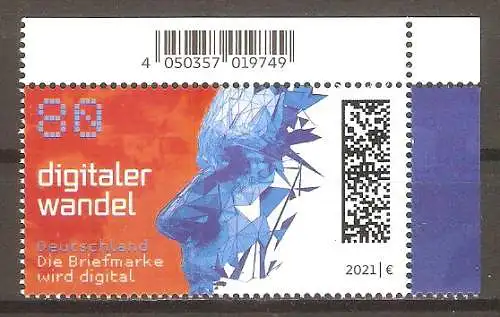Briefmarke BRD Mi.Nr. 3590 ** Bogenecke o.r. - Digitaler Wandel 2021 / Computergraphik eines menschlichen Gesichtes #