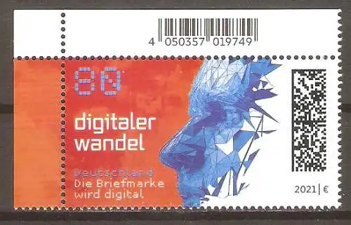 Briefmarke BRD Mi.Nr. 3590 ** Bogenecke o.l. - Digitaler Wandel 2021 / Computergraphik eines menschlichen Gesichtes #