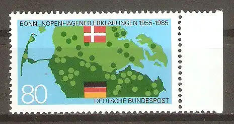 Briefmarke BRD Mi.Nr. 1241 ** Seitenrand rechts - 30. Jahrestag der Bonn-Kopenhagener Erklärungen 1985 / Landkarte des deutsch-dänischen Grenzgebietes & Landesflaggen #