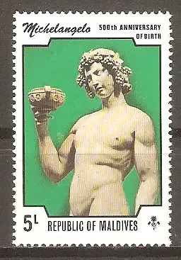 Briefmarke Malediven Mi.Nr. 617 ** 500. Geburtstag von Michelangelo Buonarroti 1975 / Bacchus-Skulptur #