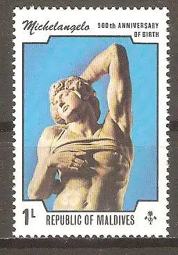 Briefmarke Malediven Mi.Nr. 613 ** 500. Geburtstag von Michelangelo Buonarroti 1975 / Skulptur „Rebellischer Sklave“ #
