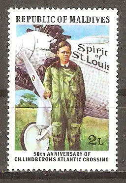 Briefmarke Malediven Mi.Nr. 722 ** 50. Jahrestag des 1. Alleinflugs über den Atlantik durch Charles Lindbergh 1977 / Charles Lindbergh mit „Spirit of St. Louis“ #
