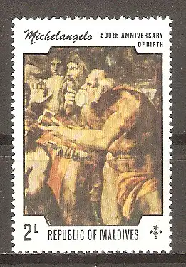 Briefmarke Malediven Mi.Nr. 614 ** 500. Geburtstag von Michelangelo Buonarroti 1975 / Fresko „Jüngstes Gericht“ #