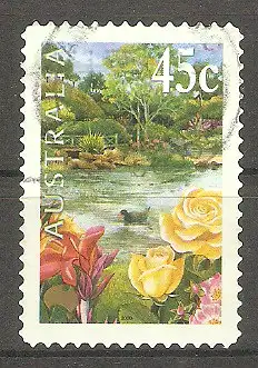 Briefmarke Australien Mi.Nr. 1915 BA (gez. 11¾) o Internationale Blumen- und Gartenschau Melbourne 2000 / Rosen „Lord Gold“, „Blush Rambler“ und „Iced Parfait“ & Purpurhuhn (Porphyrio porphyrio) #