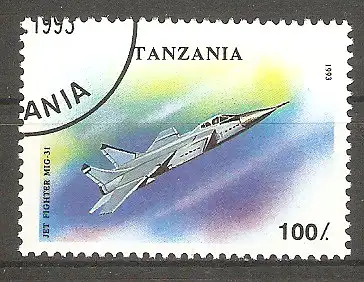 Briefmarke Tanzania Mi.Nr. 1595 o Militärflugzeuge 1993 / Jagdflugzeug MiG-31 #