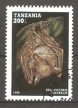 Briefmarke Tanzania Mi.Nr. 2090 o Fledertiere 1995 / Südlicher Blütenflughund (Syconycteres australis) #