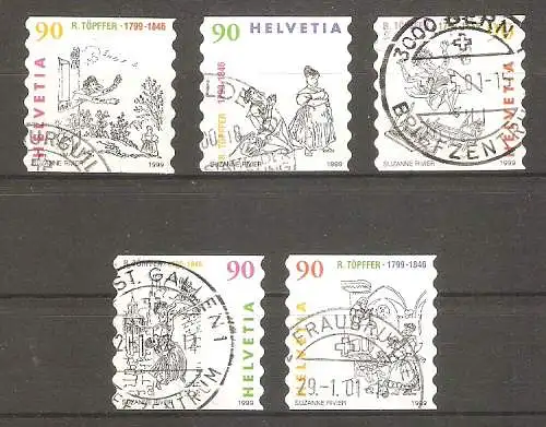 Briefmarke Schweiz Mi.Nr. 1675-1679 o 200. Geburtstag von Rodolphe Töpffer 1999 / Bildergeschichte „Die Liebesabenteuer des Monsieur Vieux Bois“ / Kompletter Satz ! #