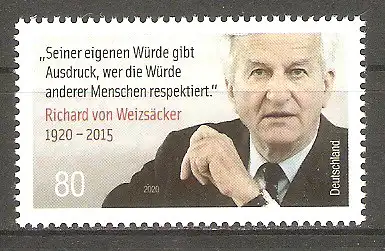Briefmarke BRD Mi.Nr. 3539 ** 100. Geburtstag von Richard von Weizsäcker 2020 / Deutscher Politiker und Bundespräsident #
