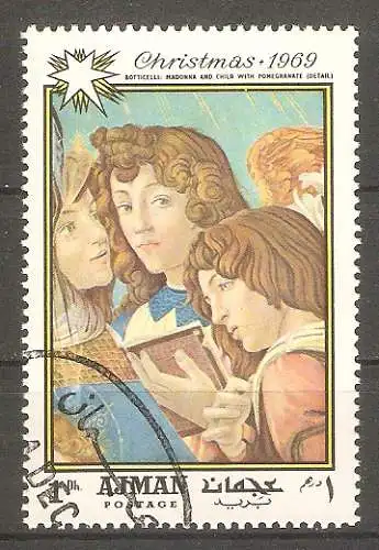 Briefmarke Ajman Mi.Nr. 488 A o Weihnachten 1969 / "Madonna mit dem Granatapfel" von Sandro Botticelli #
