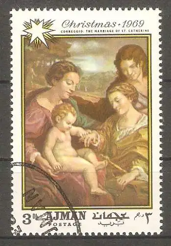 Briefmarke Ajman Mi.Nr. 490 A o Weihnachten 1969 / "Die mystische Hochzeit der Hl. Katharina" von Correggio #