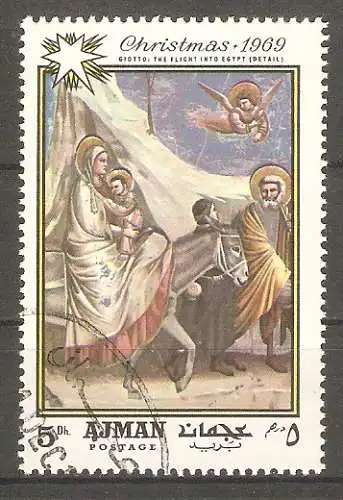 Briefmarke Ajman Mi.Nr. 492 A o Weihnachten 1969 / "Flucht nach Ägypten" von Giotto di Bondone #