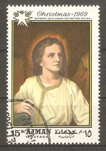 Briefmarke Ajman Mi.Nr. 493 A o Weihnachten 1969 / "Der zwölfjährige Jesus im Tempel" von Heinrich Hofmann #