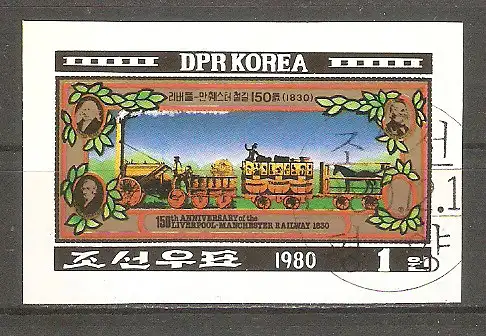 Briefmarke Korea-Nord Mi.Nr. 2066 B o 150 Jahre Eisenbahnverbindung Liverpool–Manchester 1980 / Güterzug von 1830 #