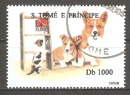 Briefmarke Sao Tome & Principe Mi.Nr. 1585 o Hunde und Katzen 1995 / Welsh Corgis mit Katze #