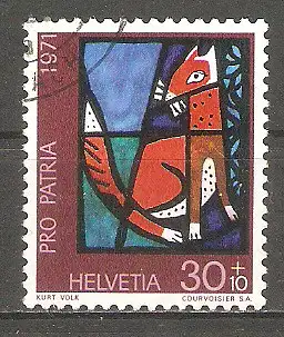 Briefmarke Schweiz Mi.Nr. 951 o Pro Patria 1971 / Kunst und Kunsthandwerk - "Fuchs" Glasgemälde von Kurt Volk #