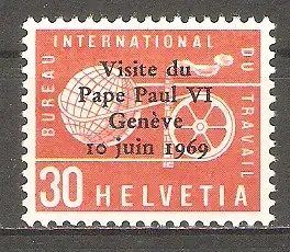 Briefmarke Schweiz Ausg. f. Int. Organisationen, BIT MiNr. 103 ** Besuch von Papst Paul VI. bei der Internationalen Arbeitskonferenz 1969 #