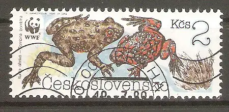 Briefmarke Tschechoslowakei Mi.Nr. 3007 o Weltweiter Naturschutz 1989 / Amphibien - Rotbauch-Unke (Bombina bombina) #