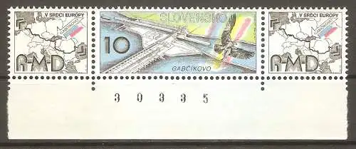 Briefmarke Slowakei Mi.Nr. 181 ** mit zwei Zierfeldern und Bogenzähler / Fertigstellung der Donaustaustufe Gabčikovo 1993 #