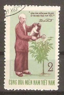 Briefmarke Vietnam - Ausgaben der Vietcong Mi.Nr. 27 o 80. Geburtstag von Hồ Chí Minh 1970 / Hồ Chí Minh gießt Pfirsichbaum #
