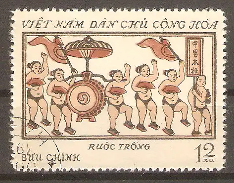 Briefmarke Vietnam Mi.Nr. 683 o Farbholzschnitte 1972 / Rước trống: Trommelprozession #