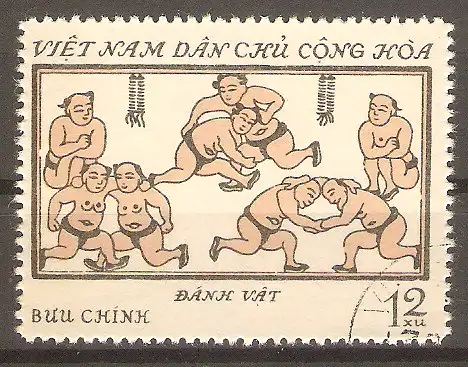 Briefmarke Vietnam Mi.Nr. 684 o Farbholzschnitte 1972 / Đánh vật: Traditioneller Ringkampf #