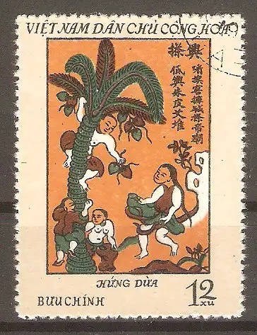 Briefmarke Vietnam Mi.Nr. 686 o Farbholzschnitte 1972 / Hứng dừa: Kokosnussernte #