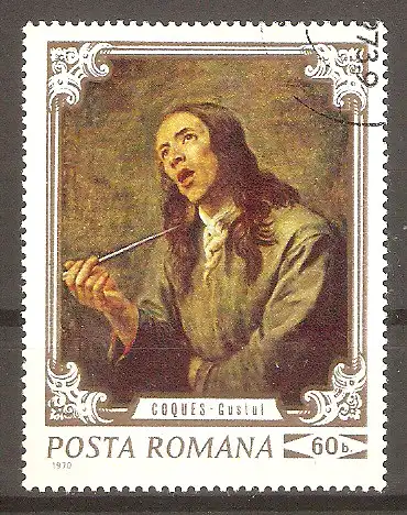 Briefmarke Rumänien Mi.Nr. 2900 o Brukenthal-Museum in Sibiu (Hermannstadt) 1970 / Gonzales Coques „Schmecken“ #