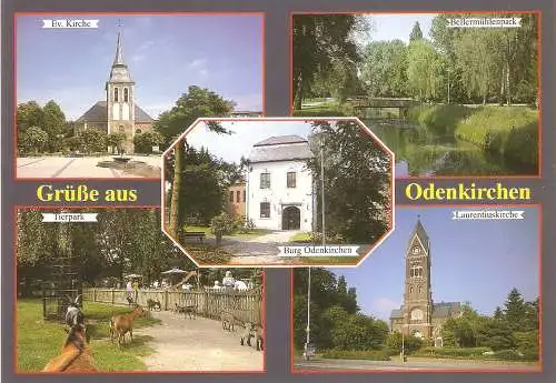 Ansichtskarte Deutschland - Mönchengladbach Odenkirchen - Burg Odenkirchen, Evamgelische Kirche, Bellermühlenpark, Tierpark, Laurentiuskirche (2926)