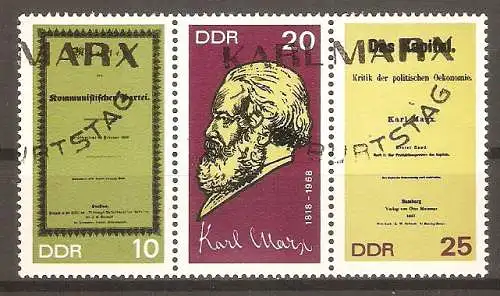 Briefmarke DDR Mi.Nr. 1365A/1366A/1367A o Zusammendruck WZd195 / 150. Geburtstag von Karl Marx 1968 / Manifest der Kommunistischen Partei, Karl Marx, Das Kapital #