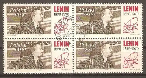 Briefmarke Polen Mi.Nr. 1997 o Viererblock ! 100. Geburtstag von Wladimir Lenin 1970 / Lenin auf dem 2. Kongress der Komintern in Petrograd (1920) & Mondsonde „Luna 13“#