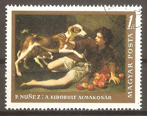 Briefmarke Ungarn Mi.Nr. 2411 A o Gemälde im Museum der Schönen Künste in Budapest 1968 / "Ein Knabe mit Apfelkorb und zwei Hunden" von Pedro Nuñez de Villavicencio #