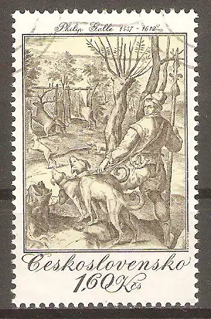 Briefmarke Tschechoslowakei Mi.Nr. 2242 o Stiche mit Jagdszenen 1975 / "Hirschjagd" - Radierung von Philip Galle #