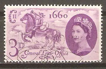 Briefmarke Großbritannien Mi.Nr. 339 o 300. Jahrestag der Gründung des „Allgemeinen Briefamtes“ 1960 / Postreiter von 1660, Signum König Charles II., Königin Elizabeth II. #