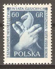 Briefmarke Polen Mi.Nr. 955 C (gez. K 12¾) o 1. Schach-Weltmeisterschaften für Taubstumme 1956 / 2 Hände zeigen Ende des Spieles & Schachfigur (Springer) #