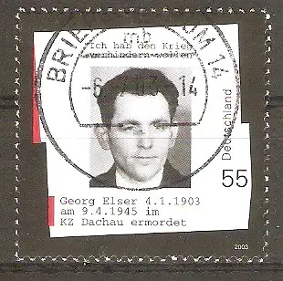 Briefmarke BRD Mi.Nr. 2310 o Vollstempel Briefzentrum 14 / 100. Geburtstag von Georg Elser 2003 / Widerstandskämpfer #