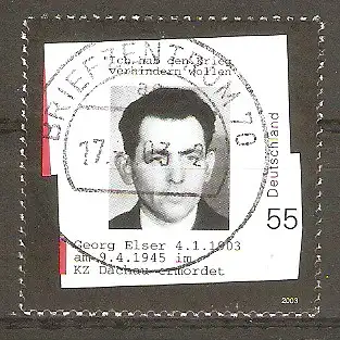 Briefmarke BRD Mi.Nr. 2310 o Vollstempel Briefzentrum 70 / 100. Geburtstag von Georg Elser 2003 / Widerstandskämpfer #