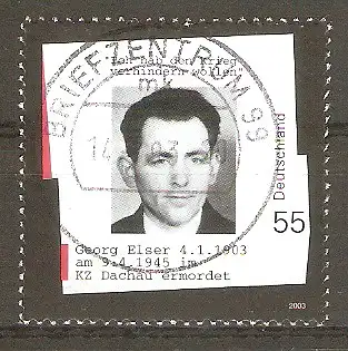 Briefmarke BRD Mi.Nr. 2310 o Vollstempel Briefzentrum 99 / 100. Geburtstag von Georg Elser 2003 / Widerstandskämpfer #