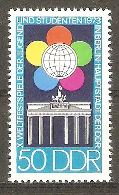 Briefmarke DDR Mi.Nr. 1867 ** Weltfestspiele der Jugend und Studenten in Berlin 1973 / Brandenburger Tor & Emblem der Spiele #