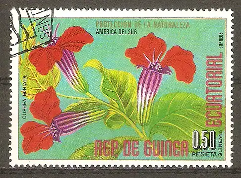 Briefmarke Äquatorial-Guinea Mi.Nr. 915 o Südamerikanische Blumen 1976 / Zigarettenblümchen (Cuphea miniata) #