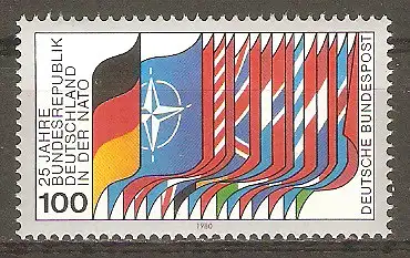 Briefmarke BRD Mi.Nr. 1034 ** 25 Jahre Zugehörigkeit zur NATO 1980 / Flaggen der NATO und ihrer Mitgliedstaaten #