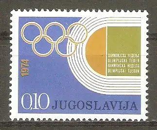 Briefmarke Jugoslawien Zwangszuschlagsmarke Mi.Nr. 47 ** Olympische Woche 1974 / Olympische Ringe & Stadion #