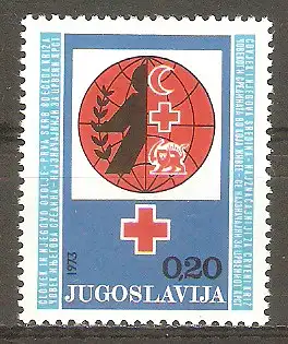 Briefmarke Jugoslawien Zwangszuschlagsmarke Mi.Nr. 44 ** Rotes Kreuz 1973 / Roter Halbmond, Rotes Kreuz & Roter Löwe in Weltkugel #