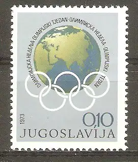 Briefmarke Jugoslawien Zwangszuschlagsmarke Mi.Nr. 45 ** Olympische Woche 1973 / Erdkugel & Olympische Ringe #