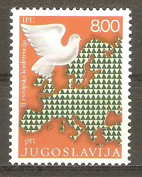 Briefmarke Jugoslawien Mi.Nr. 1586 ** 2. Interparlamentarische Konferenz über Sicherheit und Zusammenarbeit in Belgrad 1975 / Taube & Landkarte von Europa #