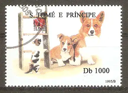 Briefmarke Sao Tome & Principe Mi.Nr. 1585 o Hunde und Katzen 1995 / Welsh Corgis mit Katze #