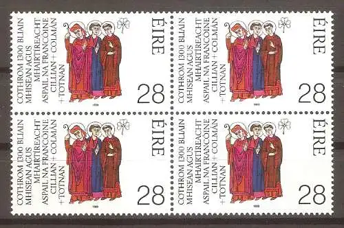 Briefmarke Irland Mi.Nr. 683 ** Viererblock ! 1300. Todestag der Frankenapostel Kilian, Kolonat und Totnan 1989 / Irisch-Schottische Wandermönche #