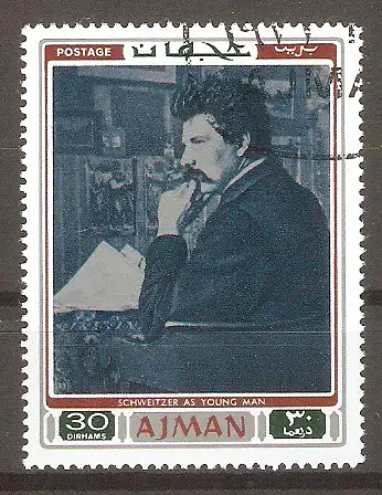 Briefmarke Ajman Mi.Nr. 802 A o Albert Schweitzer 1971 / Schweitzer als junger Mann (Elsässischer evangelischer Theologe, Musiker und Arzt) #